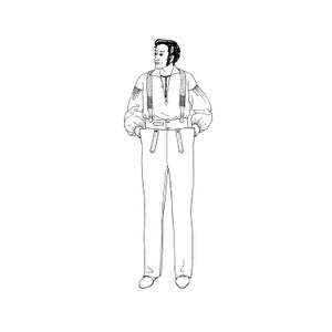 May include: A black and white line drawing of a person wearing a collared shirt with braces and trousers.