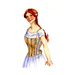 May include: A woman with red hair and freckles is wearing a brown corset with white lacing and a white blouse with a lace trim. She is wearing a light blue skirt.