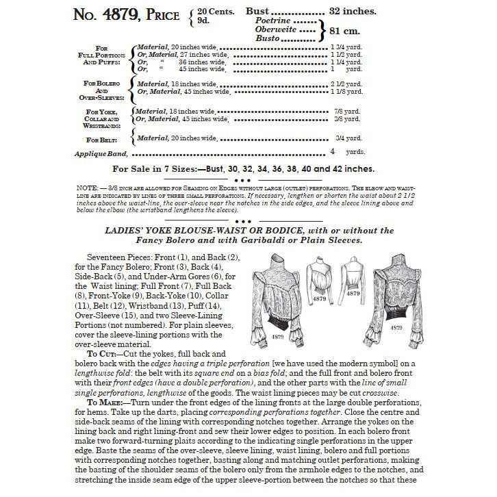 Past Patterns 4879 - Edwardian Yoke Bodice Sewing Pattern Bust 32 B32 ...