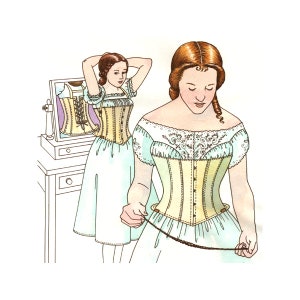 May include: A woman is adjusting a light yellow corset with a lace trim. She is standing in front of a vanity with a mirror reflecting her back. The corset has a series of vertical lines and is fastened with a series of buttons.