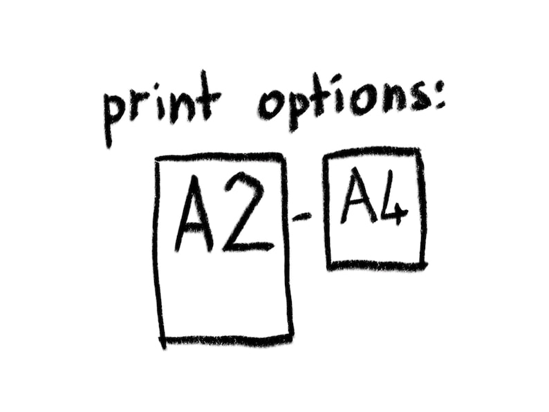 May include: Hand-drawn illustration of print options, with two boxes labeled "A2" and "A4".