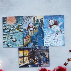 Blue Cats: Vacanze invernali a Kotofeevka – Set di 4 cartoline o cartoline singole (Blue Cats di Rina Zeniuk, MyMagicard)