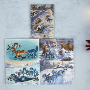 Blue Cats: divertimento invernale – Set di 5 cartoline o cartoline singole (Blue Cats di Rina Zeniuk, MyMagicard)