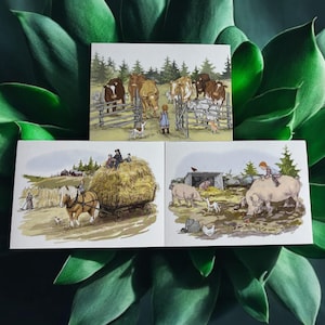 Greta et ses amis – Histoires de village, ensemble de trois cartes postales ou cartes postales individuelles (Margaretha Nordqvist, Hjelm Förlag AB)