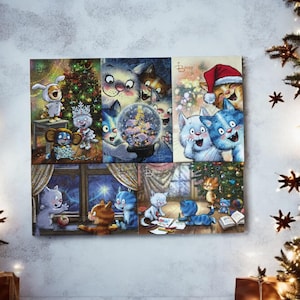 Blue Cats : Vacances du Nouvel An à Kotoveevka - Ensemble de 5 cartes postales ou cartes postales individuelles (Blue Cats by Rina Zeniuk, MyMagicard)