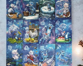 Blauwe katten: sterrenbeelden – set van 12 ansichtkaarten of losse ansichtkaarten (Blauwe katten van Rina Zeniuk, MyMagicard)