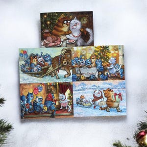 Blue Cats: New Year's Eve in Kotofeevka – Set of 5 postcards or single postcards (Blue Cats by Rina Zeniuk, MyMagicard)