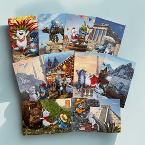 Blue Cats : Un voyage autour du monde – Lot de 30 cartes postales ou cartes postales individuelles (Blue Cats de Rina Zeniuk, MyMagicard)