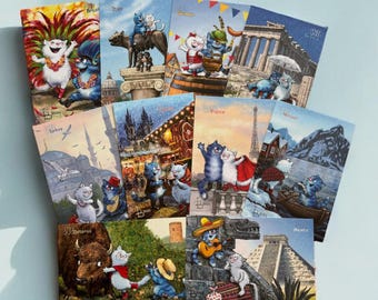 Blue Cats: A Journey Around the World – Set of 34 Postcards or Individual Postcards (Blue Cats by Rina Zeniuk, MyMagicard)