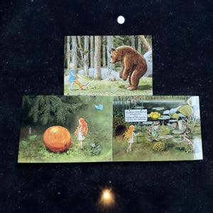 El Huevo del Sol – Tres tarjetas del Bosque Encantado, juego de tres postales o postales individuales (Elsa Beskow, Hjelm Förlag AB)