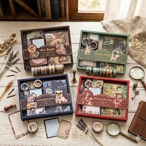 Vintage Scrapbook Gift Box Set – 4 Theme Variations, 123pcs Junk Journal Kit with A6 Notebook, Stickers & Ephemera Papers
