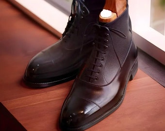 Botas de cuero de cuello alto hechas a mano para hombre, zapatos largos italianos, zapatos de suela de cuero, boda formal, zapatos de vestir de oficina, zapatos personalizados para hombres