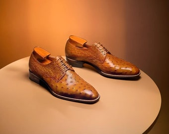 Men's Handmade brown ostrich leather oxford lace up shoes, leather sole shoes, formal office wedding party dress customise leather shoes