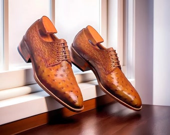 Zapatos derby oxford de cuero de avestruz marrón hechos a mano para hombre, zapatos italianos, zapatos de suela de cuero, boda formal, vestido de oficina personalizar zapatos