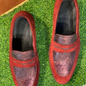 Handmade two tone suede leather penny loafers shoes men, leather sole shoes, men&#39;s casual dress shoes, office wedding party leather loafers