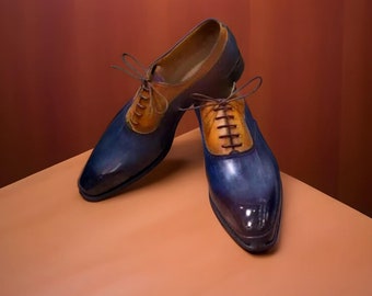 Men's Handmade blue leather oxford lace up shoes, Italian shoes, leather sole shoes, formal wedding, office dress customise leather shoes