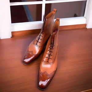 Men&#39;s Handmade lace up brown leather long boots, leather sole shoes, formal office wedding dress leather high neck boots, leather shoes men