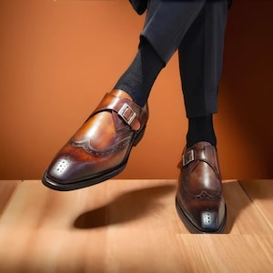 Sapatos de couro feitos à mão com alça de monge masculinos, sapatos com sola de couro, negócios formais, escritório, festa de casamento, sapatos italianos