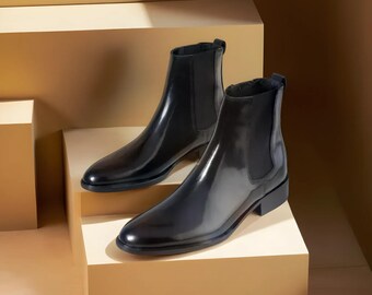 Men's Handmade high neck Chelsea leather long boots, leather sole shoes, formal office dress wedding party leather ankle high boots for men