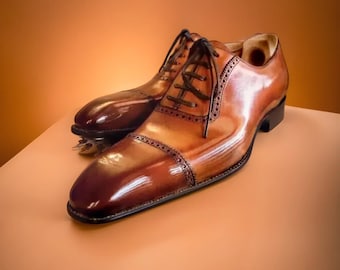 Handcrafted Italian oxford brown leather shoes Men, leather sole shoes, formal  office, wedding party customise dress designer leather shoes