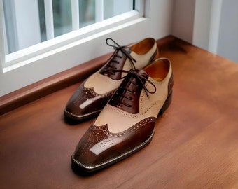 Zapatos brogue oxford de cuero marrón y blanco hechos a mano para hombre, zapatos italianos, zapatos de suela de cuero, boda formal, vestido de oficina personalizar zapatos
