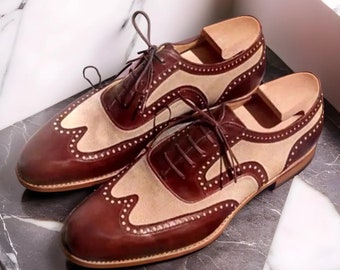 Men's Handmade brown and white leather oxford brogue cap toe shoes, Italian shoes, leather sole shoes, formal wedding, office dress shoes