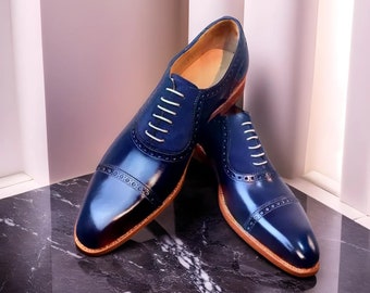 Men's Handmade blue Italian leather shoes, Italian shoes, leather sole shoes, formal wedding, office party dress shoes, customise shoes men
