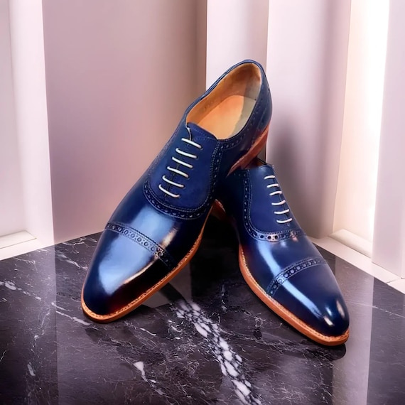 Men's Handmade Blue Oxford Lace up Leather Shoes, Italian Scarpe