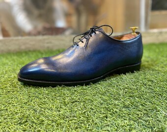 Men's Handcrafted Genuine leather oxford lace up shoes, leather sole shoes, formal office wedding party dress blue leather shoes men