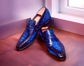 Men's Handmade blue leather loafers shoes, leather sole shoes, formal wedding, office dress shoes, customise leather shoes