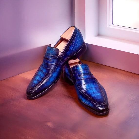 Men s Handmade Blue Crocodile Textured Leather Loafers Shoes Leather Sole Shoes Loafers and Slip Ons Office Wedding Dress Shoes Men Shoe Etsy UK
