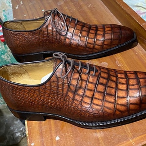 Handmade crocodile textured sheepskin leather lace up oxford shoes, leather sole shoes, formal office wedding party casual dress shoes men