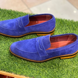 Men's Handmade suede leather penny loafers shoes, leather sole shoes, men casual dress loafers for office wedding party, leather loafers men