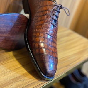 Men&#39;s Handmade crocodile textured leather lace up oxford shoes, leather sole shoes, formal office wedding classic dress leather shoes men