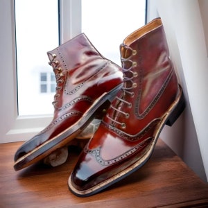 Men&#39;s Handmade lace up ankle high leather long boots, leather sole shoes, formal office wedding party dress long boots, leather shoes men