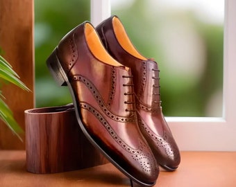 Zapatos brogue oxford de cuero marrón hechos a mano para hombre, zapatos de suela de cuero, boda formal, zapatos de vestir de oficina, personalizar zapatos de cuero