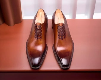 Richelieu en cuir marron fait main pour hommes, lacets, chaussures à semelle cousue Goodyear, chaussures italiennes, chaussures à semelle en cuir, mariage formel, chaussures de bureau