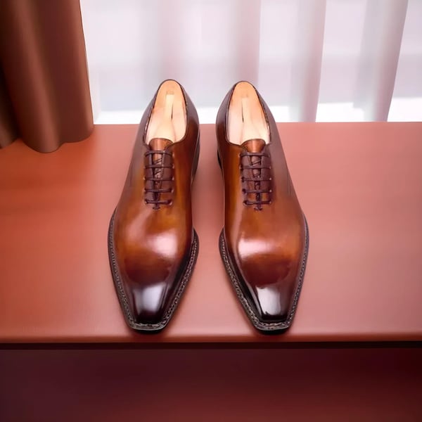 Men's Handmade brown leather oxford lace up Goodyear welted sole shoes, Italian shoes, leather sole shoes, formal wedding, office shoes