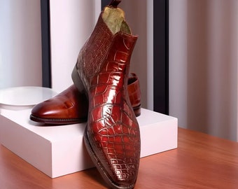Men's Handmade red Croco texture Chelsea leather boots, leather sole shoes, formal office dress leather Chelsea boots, free Personalisation