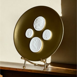 Decorative Plate With Intaglio, Ancient Art Beige Decor Plate, Intaglio Art Plaster