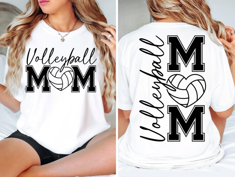 May include: White t-shirt with black text that says "Volleyball Mom" with a volleyball in a heart shape. The back of the shirt has the text "Volleyball" written vertically and the letters "M-O-M" with a volleyball in a heart shape.