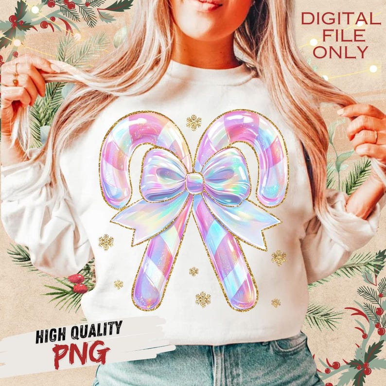 May include: White sweatshirt featuring a large, iridescent candy cane design with a bow and gold glitter accents. The text "DIGITAL FILE ONLY" is visible. The words "HIGH QUALITY PNG" are also displayed.