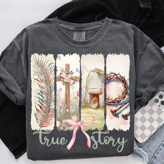 Happy Easter PNG True Story He Is Risen PNG Christian Sublimation Retro Christian Easter Png, Coquette Bow Floral Spring Png Brushstroke Png