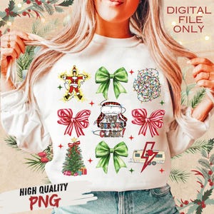 May include: White long-sleeved sweatshirt with Christmas-themed graphics. The design includes a Santa Claus figure, green bows, a Christmas tree, and the text "YOU SERIOUS CLARK!". The words "DIGITAL FILE ONLY" and "HIGH QUALITY PNG" are also visible.