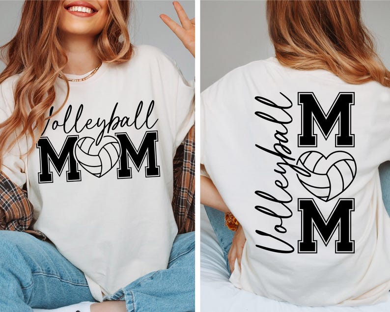 May include: White t-shirt with black text that reads "Volleyball Mom" with a volleyball in a heart shape. The back of the shirt has the text "Volleyball Mom" vertically with a volleyball in a heart shape.