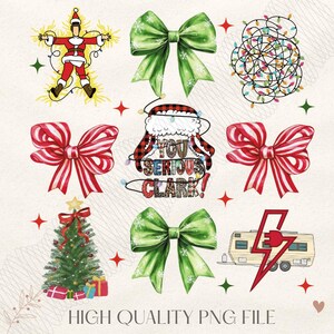 May include: A collection of Christmas-themed digital graphics. Includes a Santa Claus figure with lights, green bows with snowflakes, a tangled string of lights, red and white striped bows, a Christmas tree, and a camper with a lightning bolt.