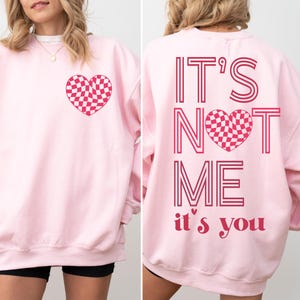 May include: Pink sweatshirt with a checkered heart on the front and the text "IT'S NOT ME it's you" on the back.