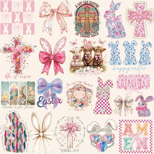 Puede incluir: Una colección de imágenes digitales de clipart con temas de Pascua. Las imágenes incluyen conejos, cruces, lazos y texto como "Ha resucitado", "Feliz Pascua" y "Amén".