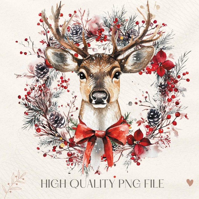 May include: Watercolor illustration of a deer with antlers, a red bow, and a wreath of pine needles, berries, and pinecones. The text "HIGH QUALITY PNG FILE" is at the bottom. The image has a soft, vintage aesthetic.