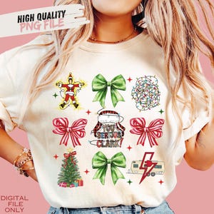 May include: Cream-colored t-shirt featuring Christmas-themed graphics. Designs include a cartoon character, bows, Christmas lights, a Santa hat, a Christmas tree, and a camper with a lightning bolt. Text reads "YOU SERIOUS CLARK!" and "HIGH QUALITY PNG FILE".